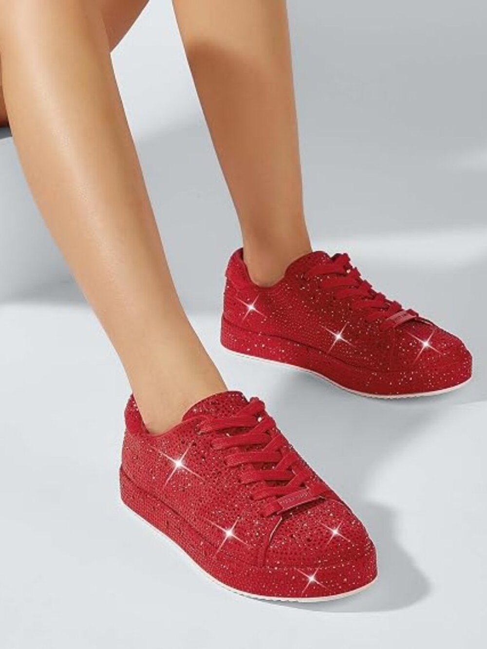 Women's Red Stylish Sparkly Bling Rhinestone Fashion Glitter Non-Slip Sneakers - Picture 3 of 5